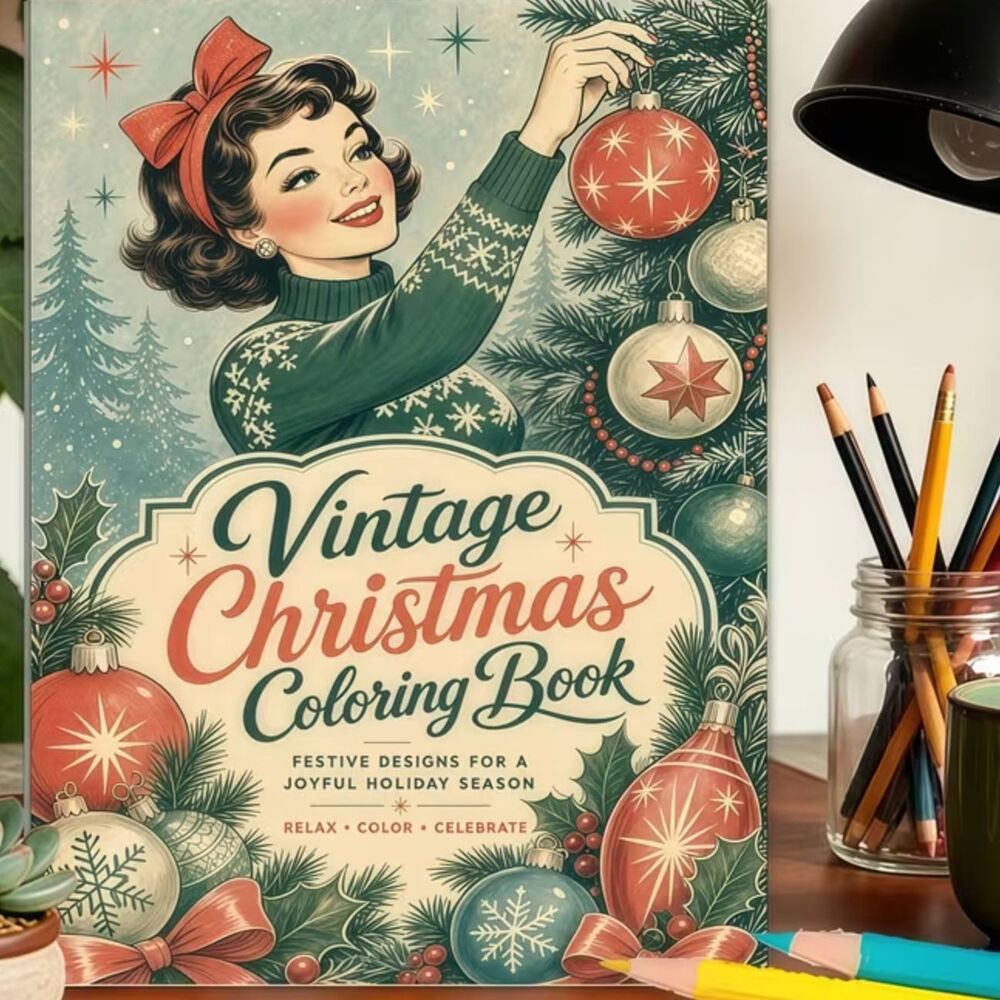 Vintage Christmas Adult Coloring Book Retro Holiday Festive Designs 10.24" New